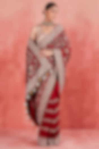 Deep Red Raw Silk Zari & Sequins Embroidered Saree Set by Sue Mue at Pernia's Pop Up Shop