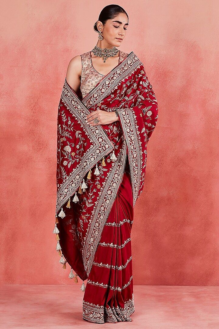 Deep Red Raw Silk Zari & Sequins Embroidered Saree Set by Sue Mue at Pernia's Pop Up Shop