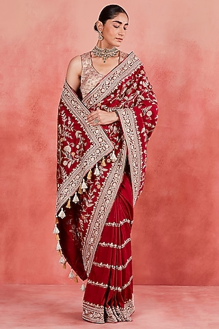 Deep Red Raw Silk Zari & Sequins Embroidered Saree Set by Sue Mue