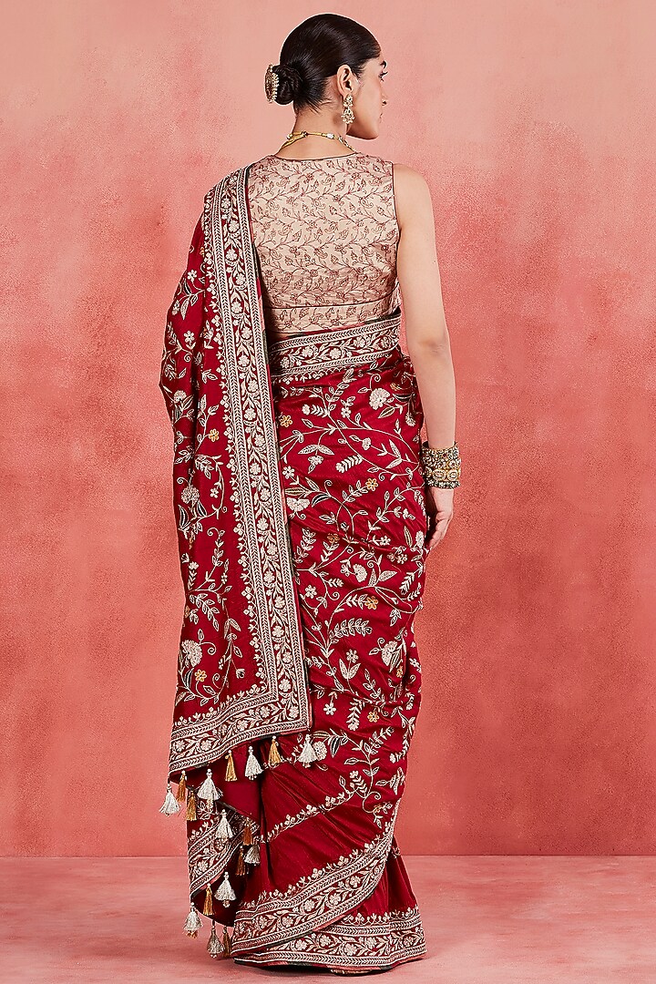 Deep Red Raw Silk Zari & Sequins Embroidered Reception Saree Set by Sue Mue at Pernia's Pop Up Shop