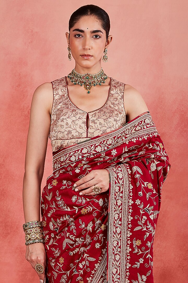 Deep Red Raw Silk Zari & Sequins Embroidered Reception Saree Set by Sue Mue at Pernia's Pop Up Shop