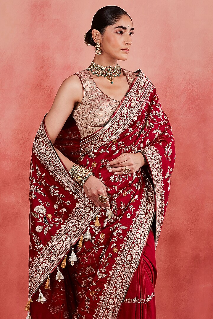 Deep Red Raw Silk Zari & Sequins Embroidered Reception Saree Set by Sue Mue at Pernia's Pop Up Shop