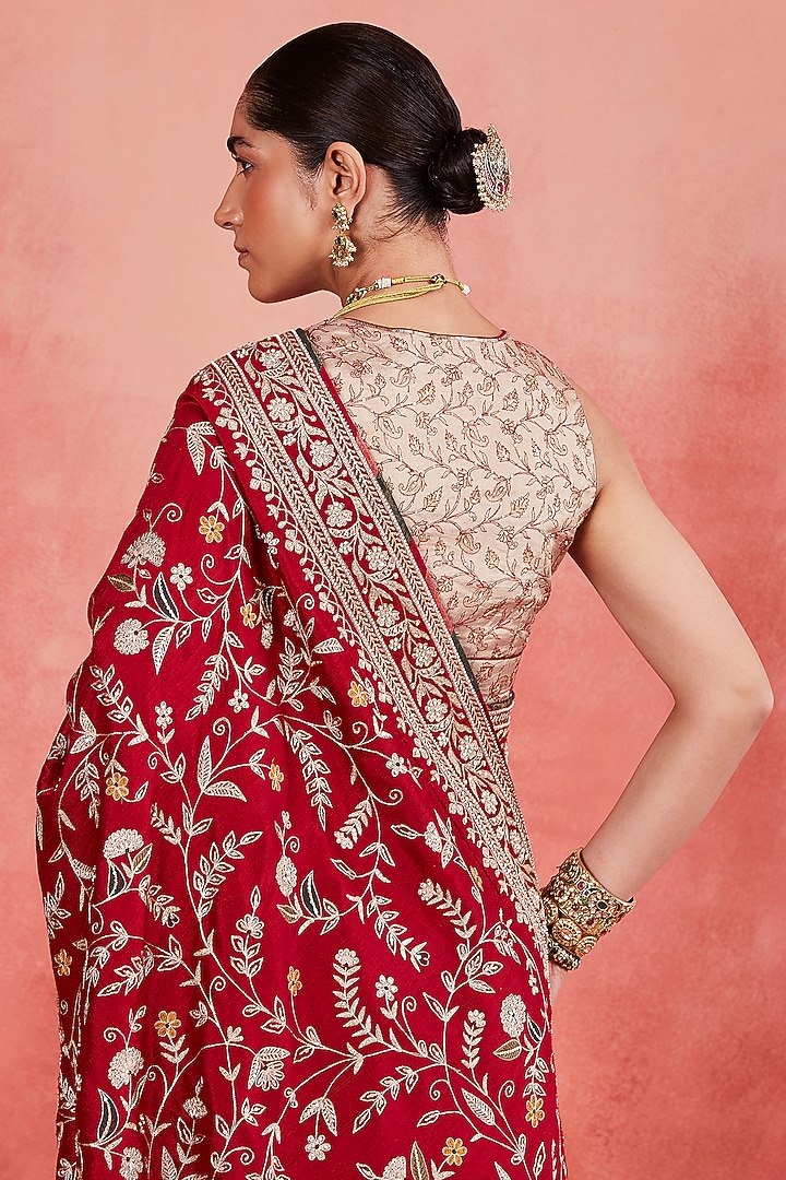 Deep Red Raw Silk Zari & Sequins Embroidered Reception Saree Set by Sue Mue at Pernia's Pop Up Shop