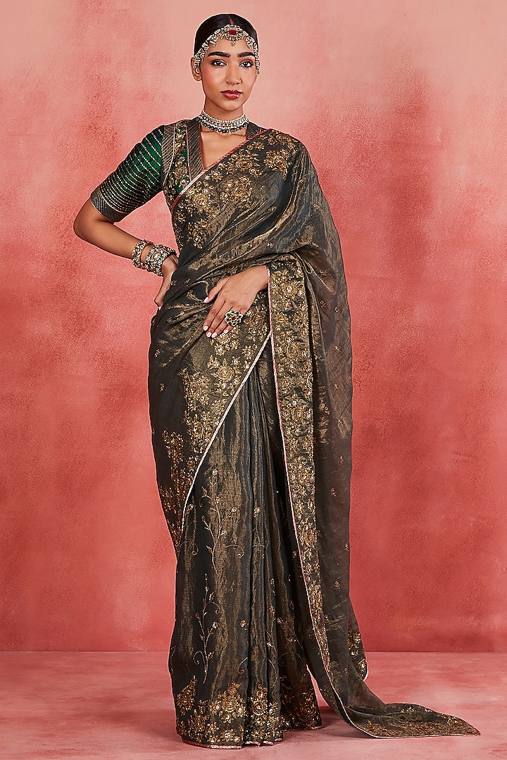 Dark Green Handwoven Cotton Tissue Zari & Sequins Embroidered Saree Set by Sue Mue at Pernia's Pop Up Shop