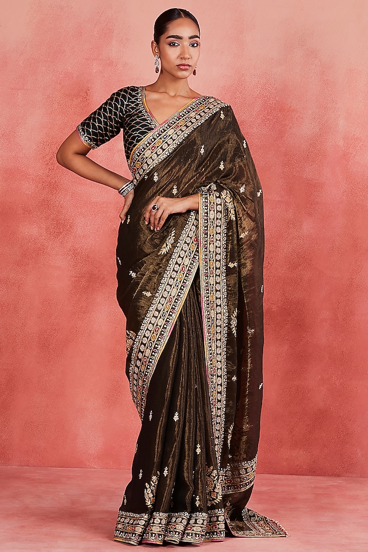 Black Handwoven Cotton Tissue Zari & Sequins Embroidered Saree Set by Sue Mue at Pernia's Pop Up Shop