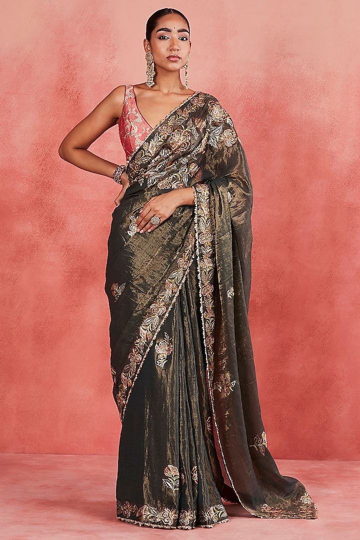 Dark Green Handwoven Cotton Tissue Aari & Sequins Embroidered Saree Set by Sue Mue at Pernia's Pop Up Shop