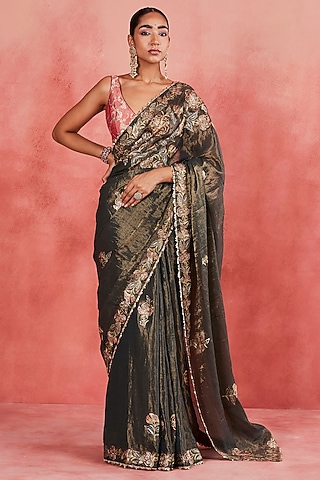 Dark Green Handwoven Cotton Tissue Aari & Sequins Embroidered Saree Set by Sue Mue