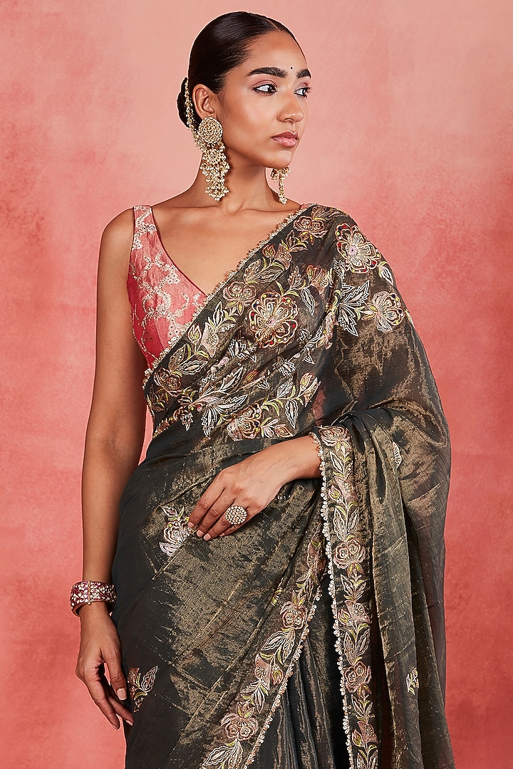 Dark Green Handwoven Cotton Tissue Aari & Sequins Embroidered Reception Saree Set by Sue Mue at Pernia's Pop Up Shop