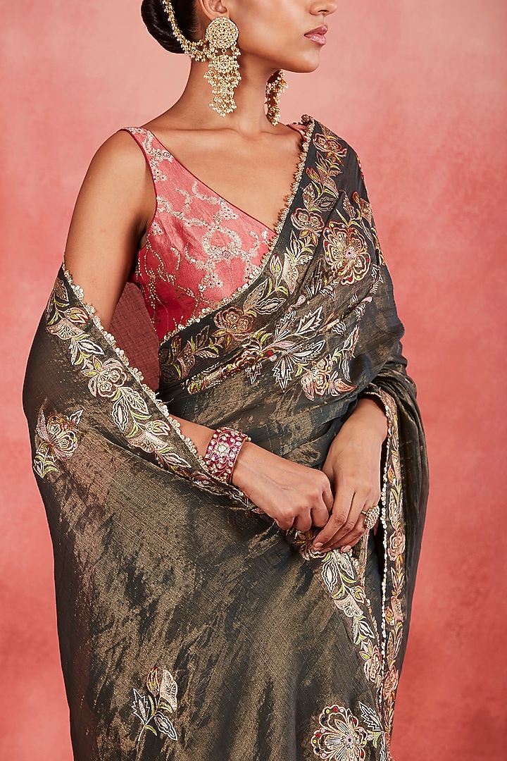 Dark Green Handwoven Cotton Tissue Aari & Sequins Embroidered Reception Saree Set by Sue Mue at Pernia's Pop Up Shop