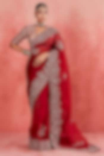 Deep Red Pure Silk Organza Zari & Pearl Embroidered Saree Set by Sue Mue at Pernia's Pop Up Shop