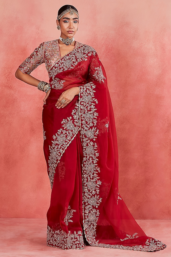 Deep Red Pure Silk Organza Zari & Pearl Embroidered Saree Set by Sue Mue at Pernia's Pop Up Shop