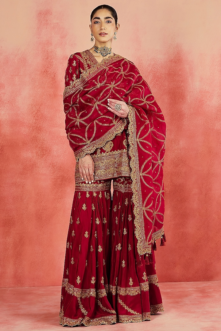 Maroon Pure Silk Embroidered Gharara Set by Sue Mue at Pernia's Pop Up Shop