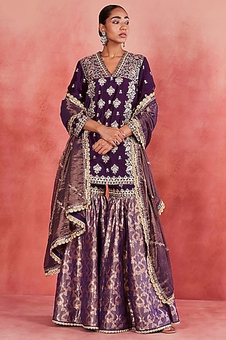 Dark Purple Raw Silk & Banarasi Brocade Gharara Set by Sue Mue