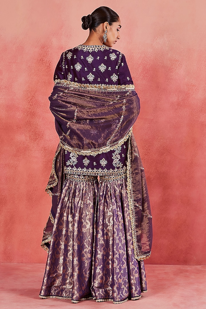 Dark Purple Raw Silk & Banarasi Brocade Gharara Set by Sue Mue at Pernia's Pop Up Shop