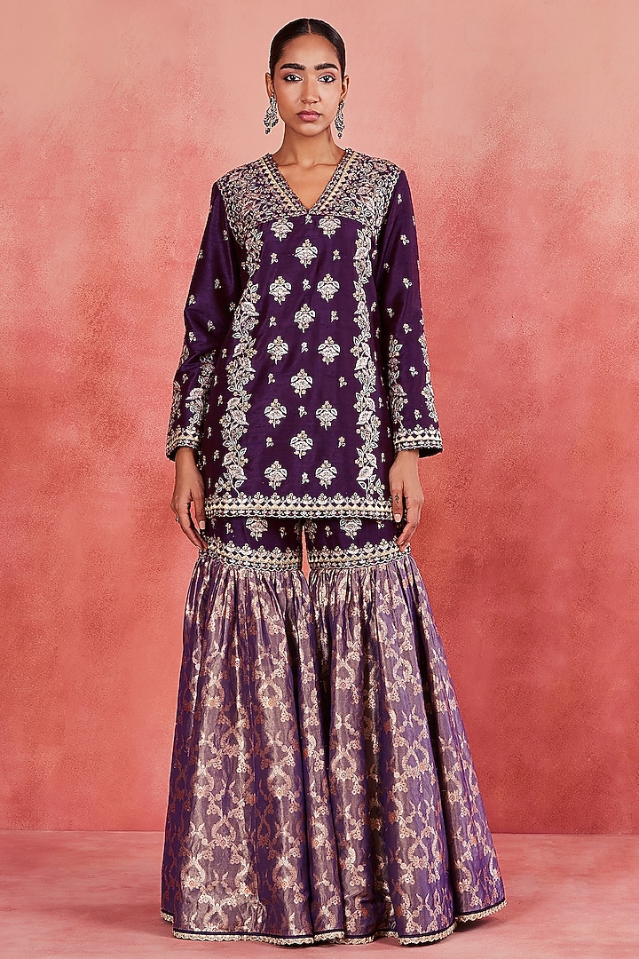 Dark Purple Raw Silk & Banarasi Brocade Gharara Set by Sue Mue at Pernia's Pop Up Shop