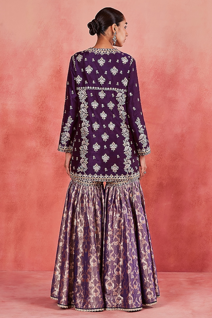 Dark Purple Raw Silk & Banarasi Brocade Gharara Set by Sue Mue at Pernia's Pop Up Shop