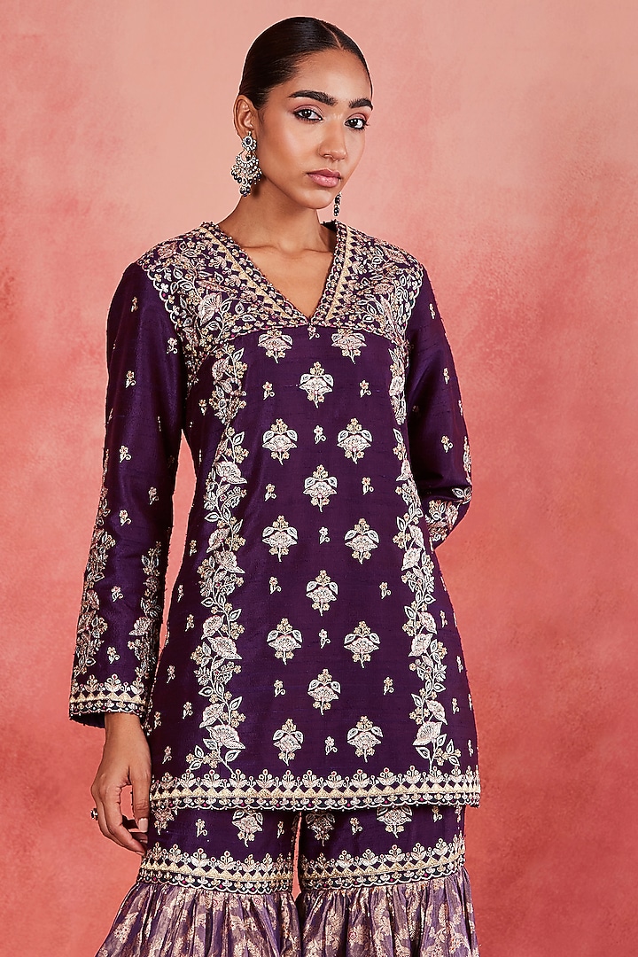 Dark Purple Raw Silk & Banarasi Brocade Gharara Set by Sue Mue at Pernia's Pop Up Shop