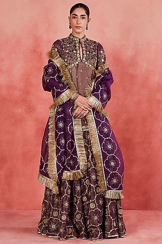 Dark Purple Handwoven Cotton Tissue Sharara Set by Sue Mue