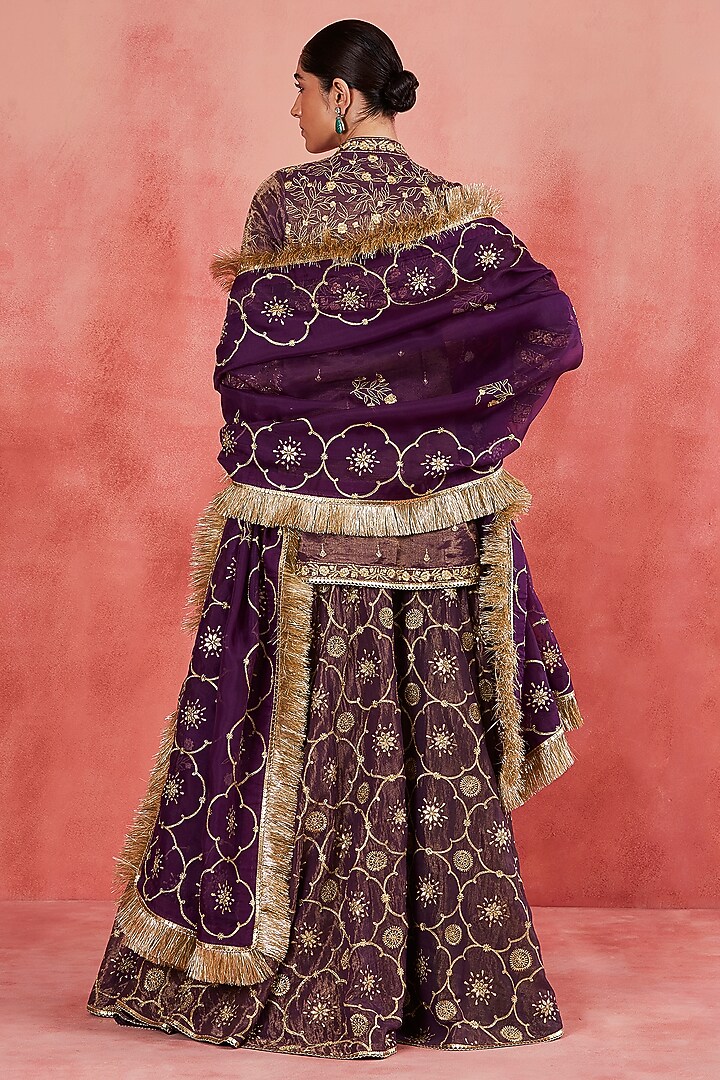 Dark Purple Handwoven Cotton Tissue Bridal Sharara Set by Sue Mue at Pernia's Pop Up Shop