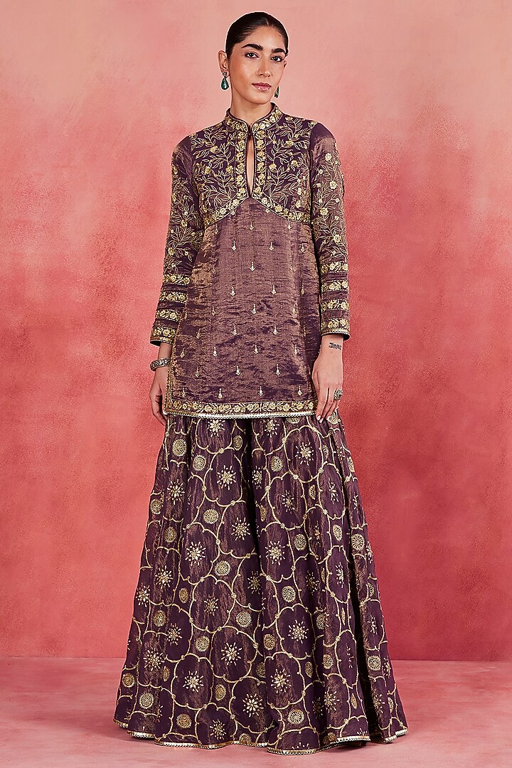 Dark Purple Handwoven Cotton Tissue Bridal Sharara Set by Sue Mue at Pernia's Pop Up Shop