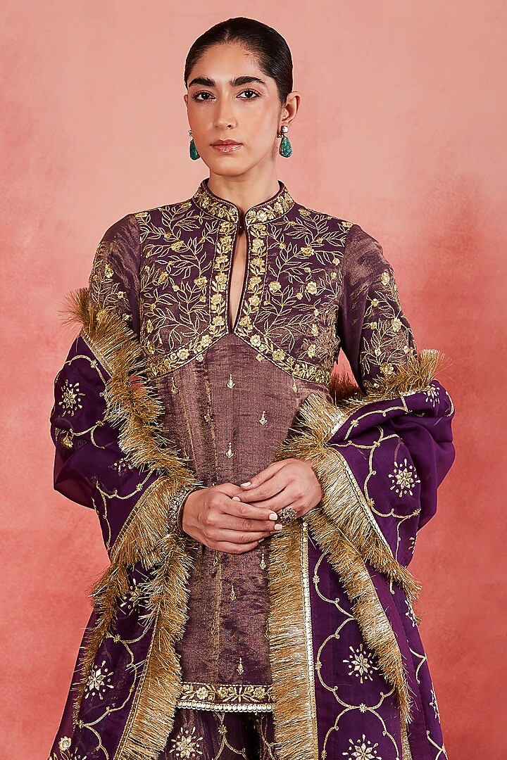 Dark Purple Handwoven Cotton Tissue Bridal Sharara Set by Sue Mue at Pernia's Pop Up Shop