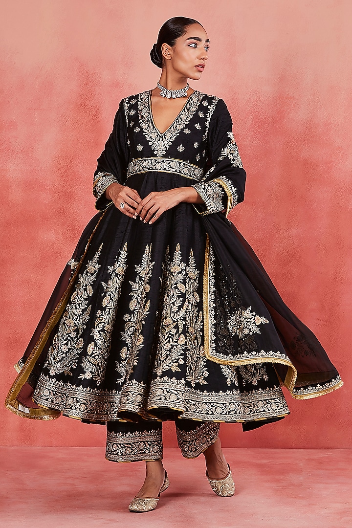 Black Raw Silk Zari & Sequins Embroidered Kalidar Anarkali Set by Sue Mue at Pernia's Pop Up Shop