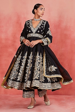 Black Raw Silk Zari & Sequins Embroidered Kalidar Anarkali Set by Sue Mue