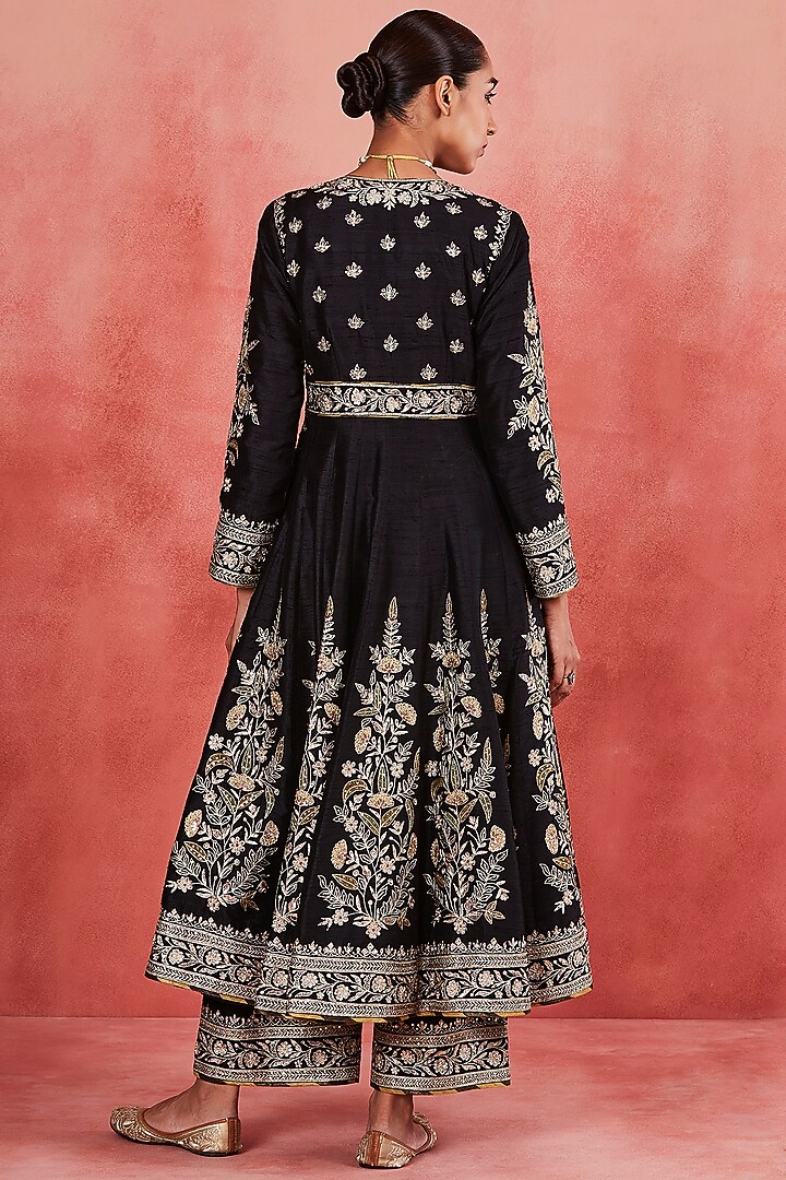 Black Raw Silk Zari & Sequins Embroidered Kalidar Bridal Anarkali Set by Sue Mue at Pernia's Pop Up Shop