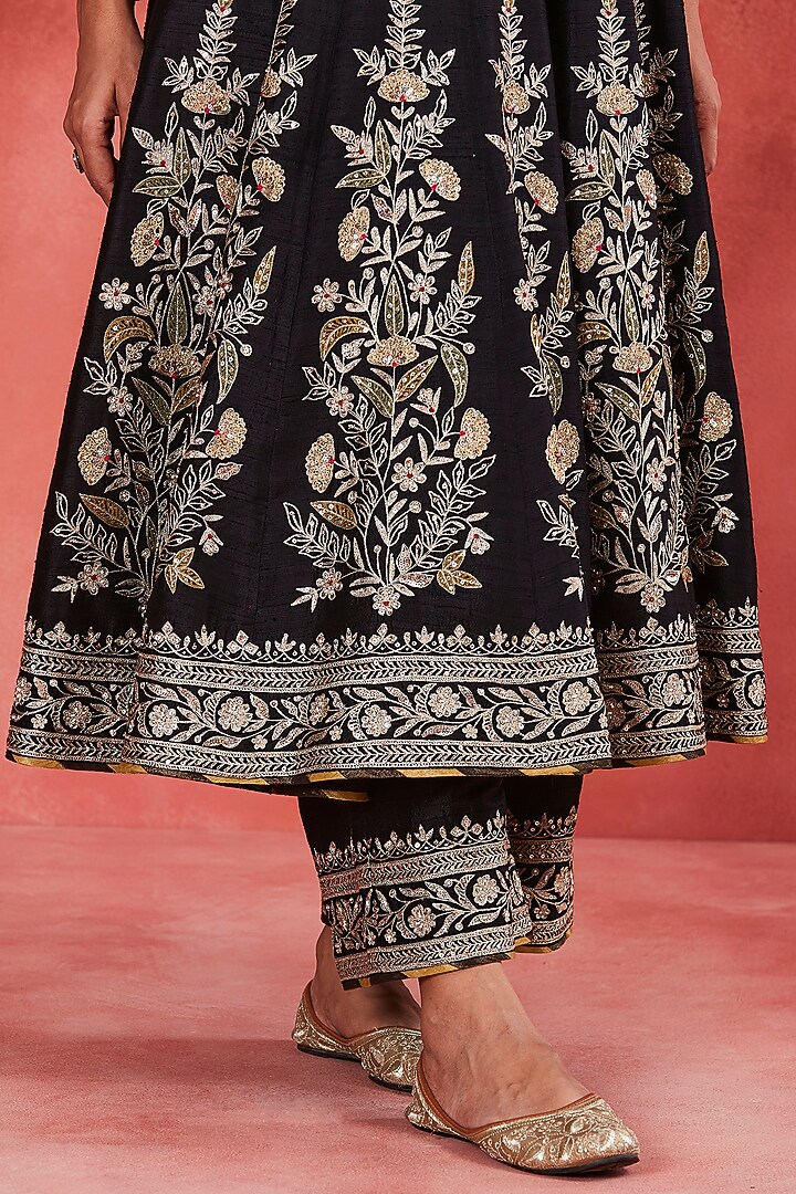 Black Raw Silk Zari & Sequins Embroidered Kalidar Bridal Anarkali Set by Sue Mue at Pernia's Pop Up Shop