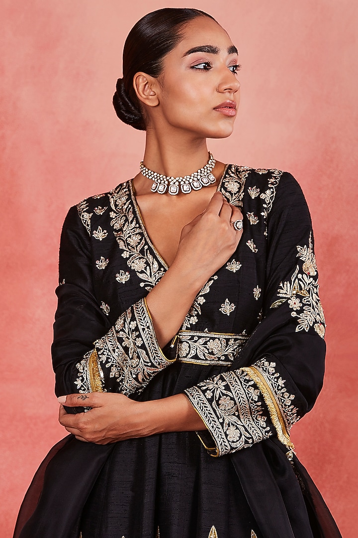 Black Raw Silk Zari & Sequins Embroidered Kalidar Bridal Anarkali Set by Sue Mue at Pernia's Pop Up Shop