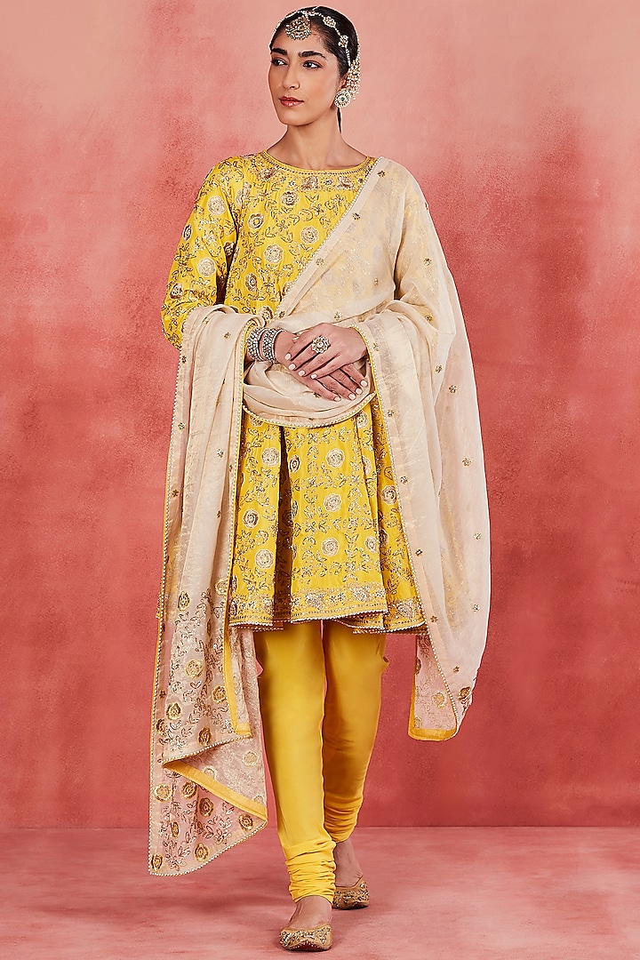 Yellow Pure Silk Zari & Sequins Embroidered Anarkali Set by Sue Mue at Pernia's Pop Up Shop