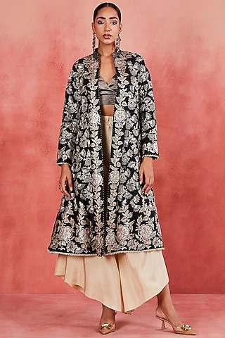 Black Raw Silk Zari & Sequins Embroidered Jacket Set by Sue Mue