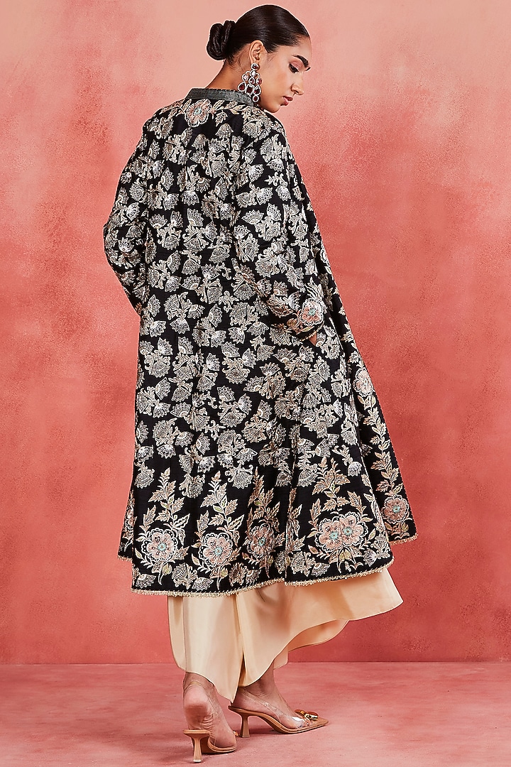 Black Raw Silk Zari & Sequins Embroidered Jacket Set by Sue Mue at Pernia's Pop Up Shop