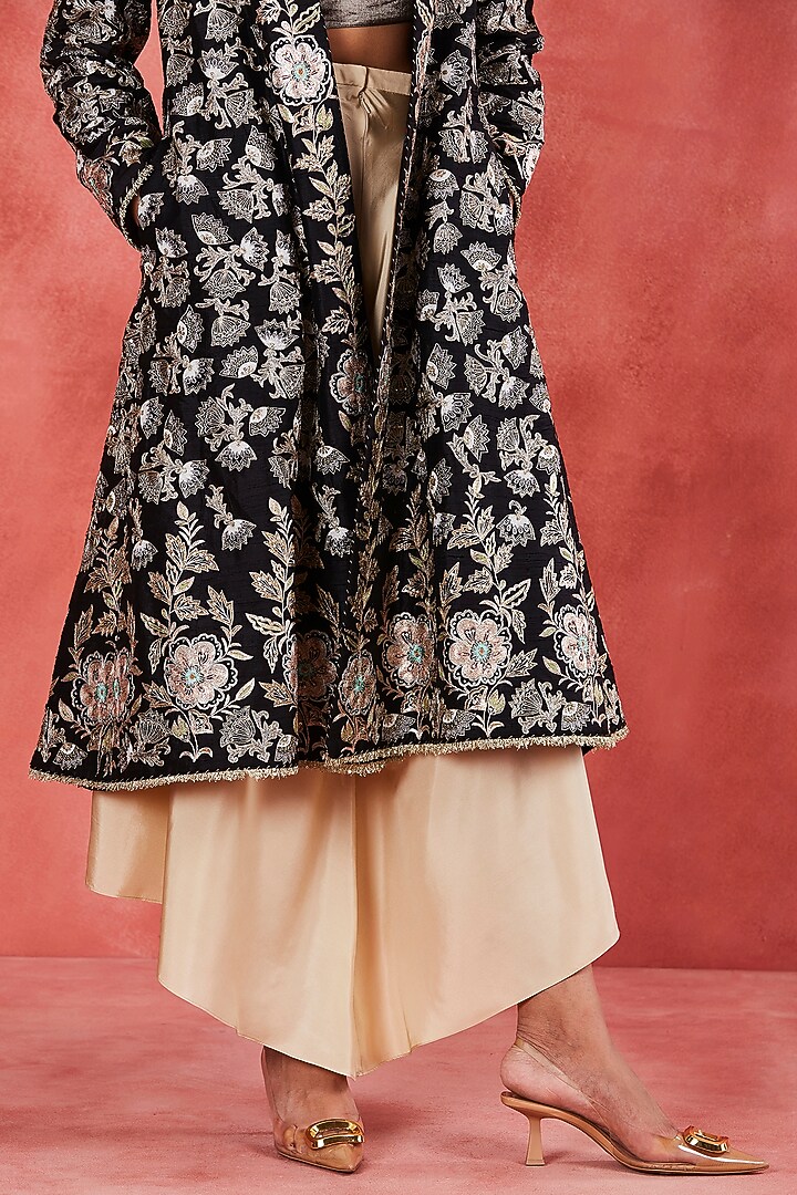 Black Raw Silk Zari & Sequins Embroidered Jacket Set by Sue Mue at Pernia's Pop Up Shop