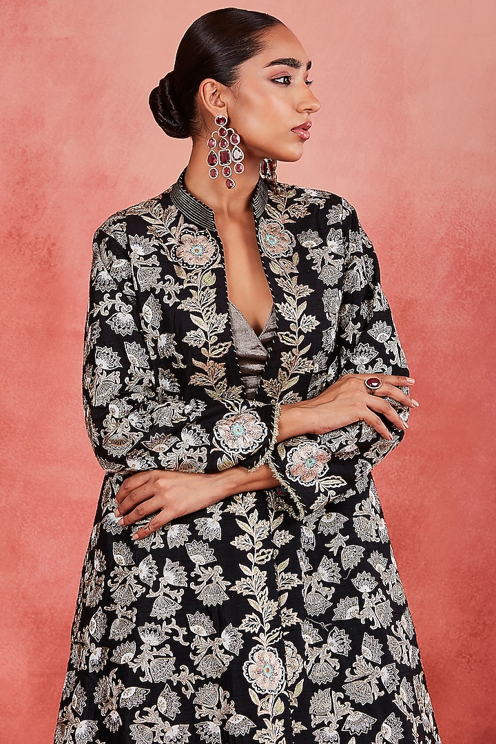 Black Raw Silk Zari & Sequins Embroidered Jacket Set by Sue Mue at Pernia's Pop Up Shop