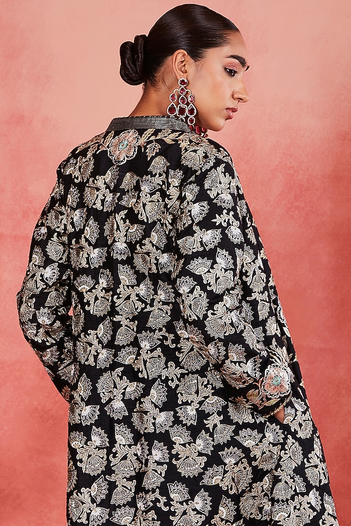 Black Raw Silk Zari & Sequins Embroidered Jacket Set by Sue Mue at Pernia's Pop Up Shop