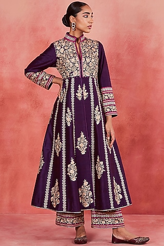 Dark Purple Raw Silk Zari & Sequins Embroidered Jacket Set by Sue Mue