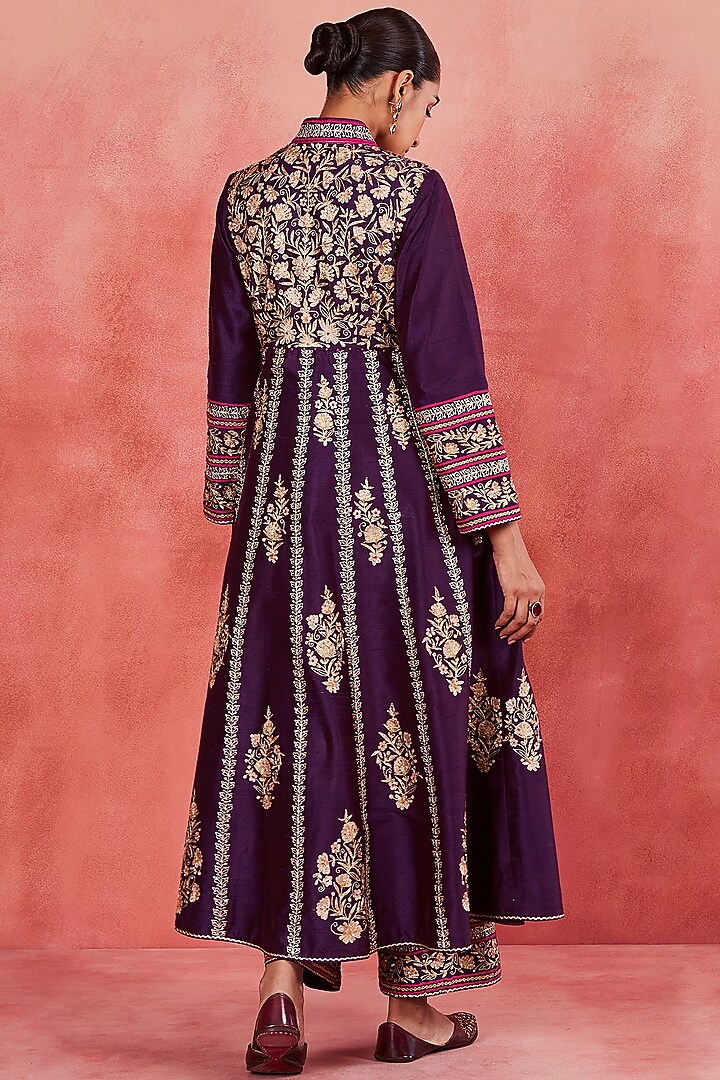 Dark Purple Raw Silk Zari & Sequins Embroidered Jacket Set by Sue Mue at Pernia's Pop Up Shop