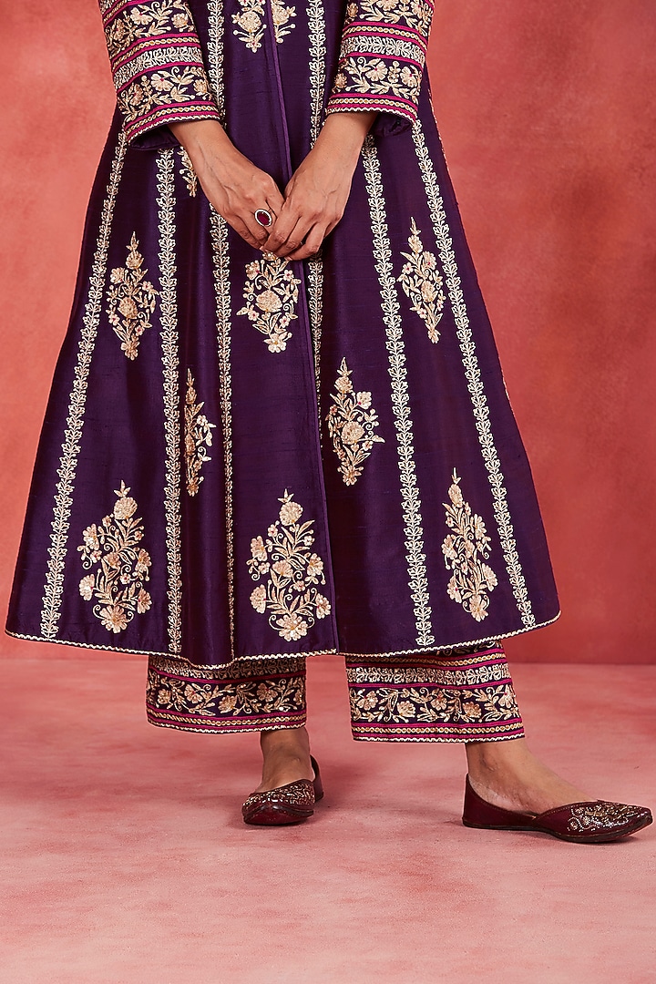 Dark Purple Raw Silk Zari & Sequins Embroidered Jacket Set by Sue Mue at Pernia's Pop Up Shop