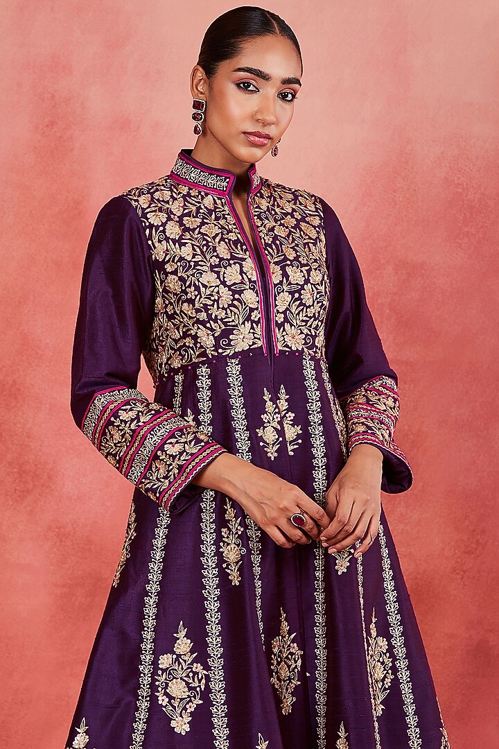 Dark Purple Raw Silk Zari & Sequins Embroidered Jacket Set by Sue Mue at Pernia's Pop Up Shop