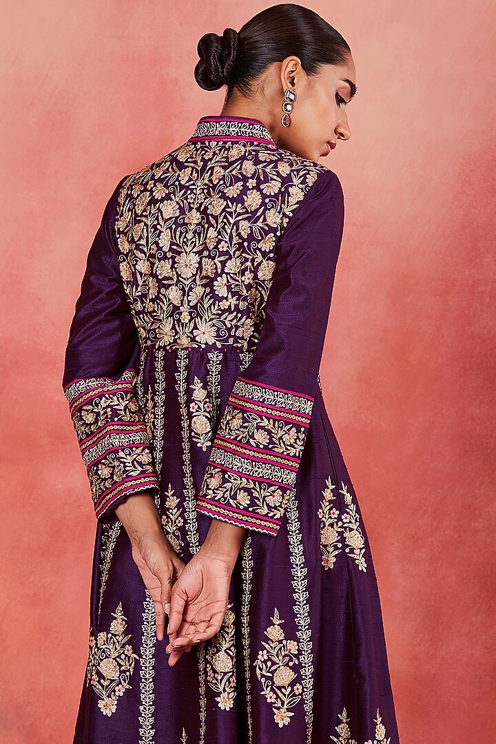 Dark Purple Raw Silk Zari & Sequins Embroidered Jacket Set by Sue Mue at Pernia's Pop Up Shop