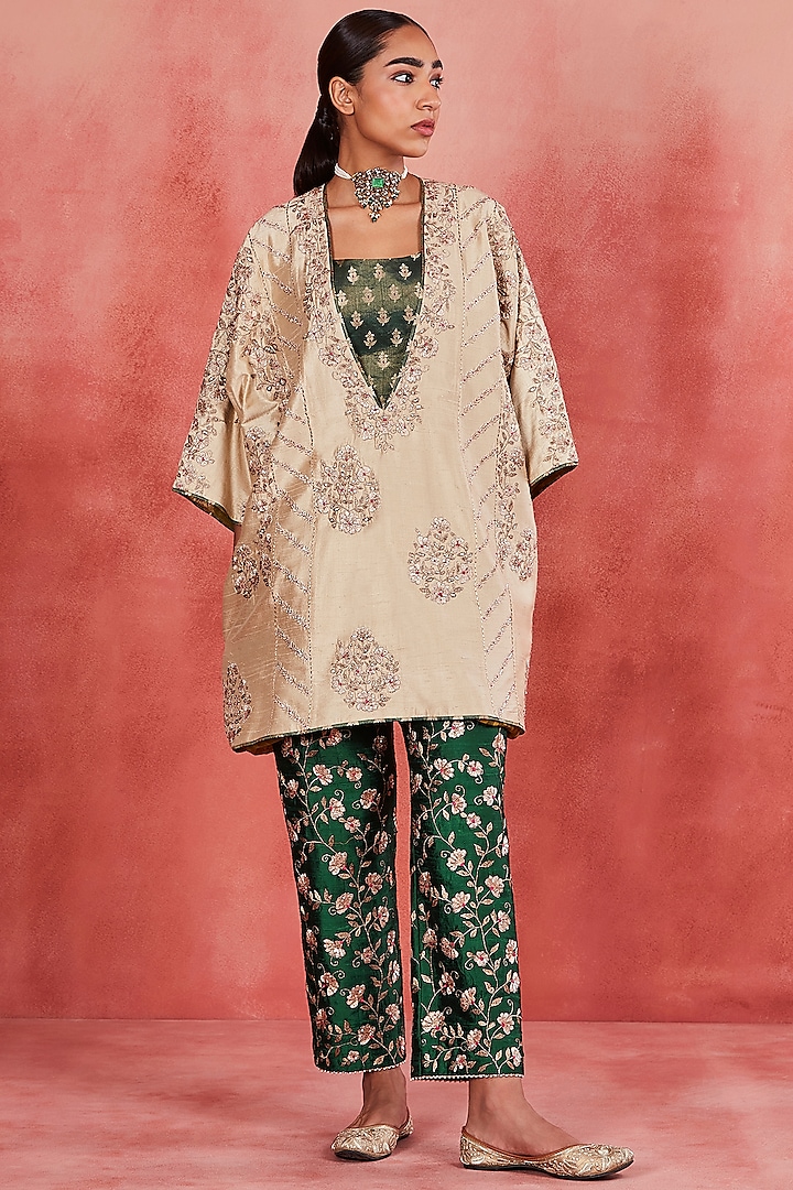 Beige Raw Silk Zari & Sequins Embroidered Kaftan Set by Sue Mue at Pernia's Pop Up Shop