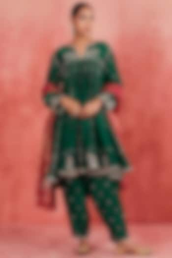 Dark Green Handwoven Silk Chanderi Zari & Paisley Motif Embroidered Short Anarkali Set by Sue Mue at Pernia's Pop Up Shop