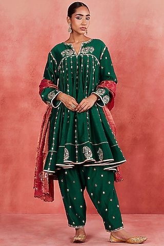 Dark Green Handwoven Silk Chanderi Zari & Paisley Motif Embroidered Short Anarkali Set by Sue Mue