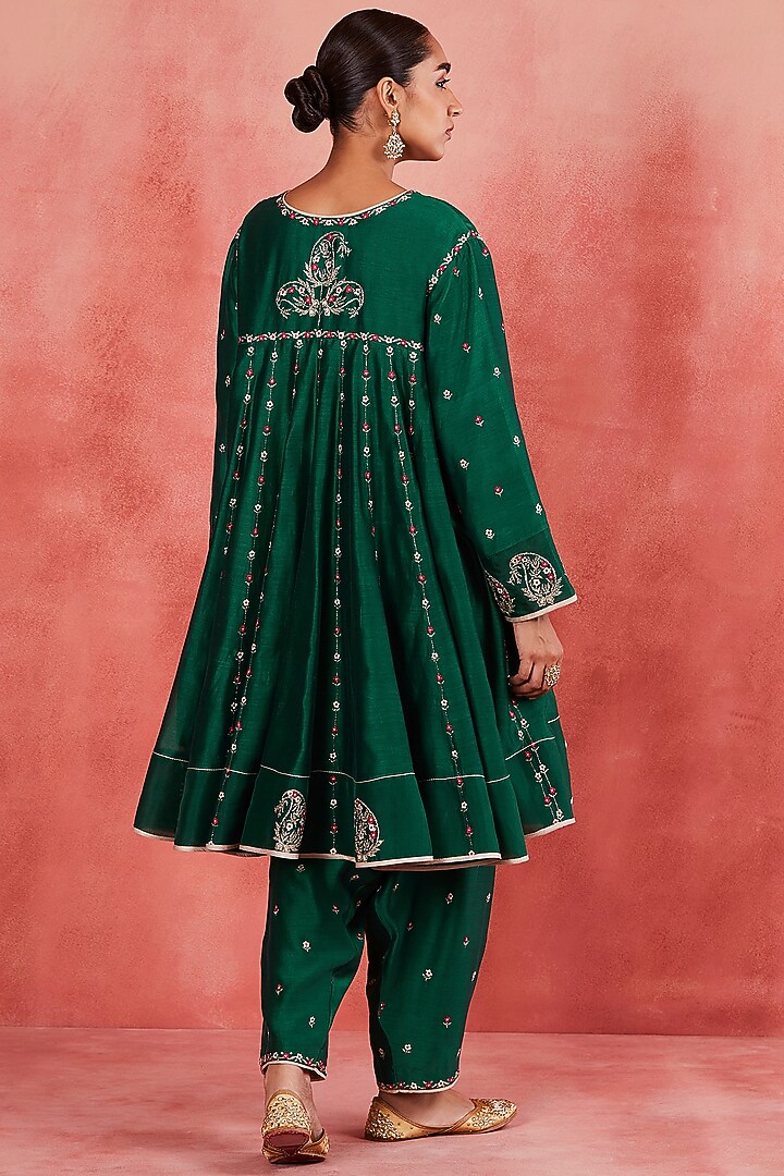 Dark Green Handwoven Silk Chanderi Zari & Paisley Motif Embroidered Short Wedding Anarkali Set by Sue Mue at Pernia's Pop Up Shop