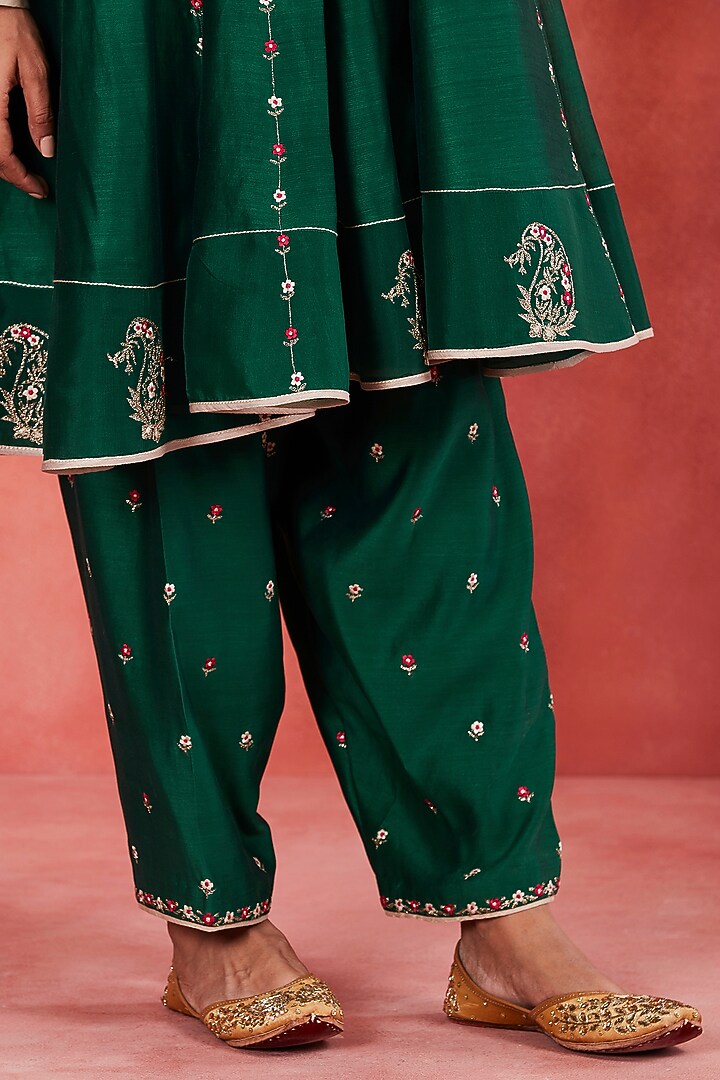 Dark Green Handwoven Silk Chanderi Zari & Paisley Motif Embroidered Short Wedding Anarkali Set by Sue Mue at Pernia's Pop Up Shop