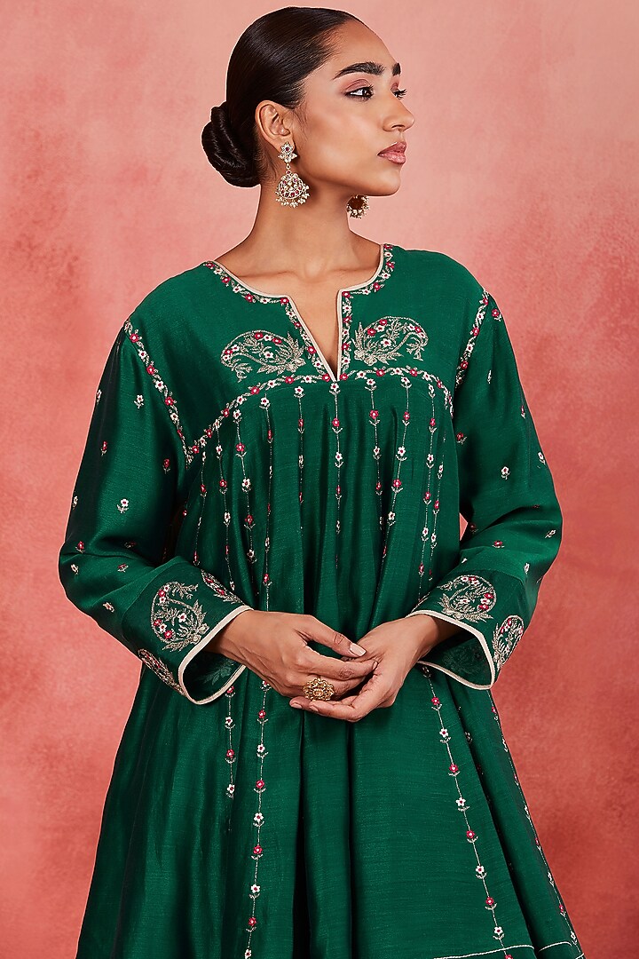 Dark Green Handwoven Silk Chanderi Zari & Paisley Motif Embroidered Short Wedding Anarkali Set by Sue Mue at Pernia's Pop Up Shop
