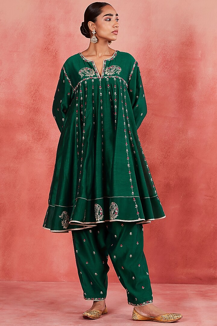 Dark Green Handwoven Silk Chanderi Zari & Paisley Motif Embroidered Short Wedding Anarkali Set by Sue Mue at Pernia's Pop Up Shop