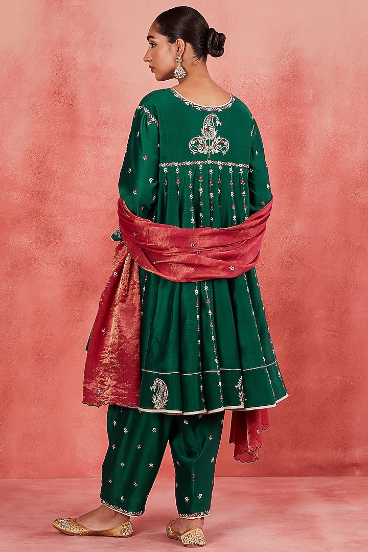 Dark Green Handwoven Silk Chanderi Zari & Paisley Motif Embroidered Short Wedding Anarkali Set by Sue Mue at Pernia's Pop Up Shop