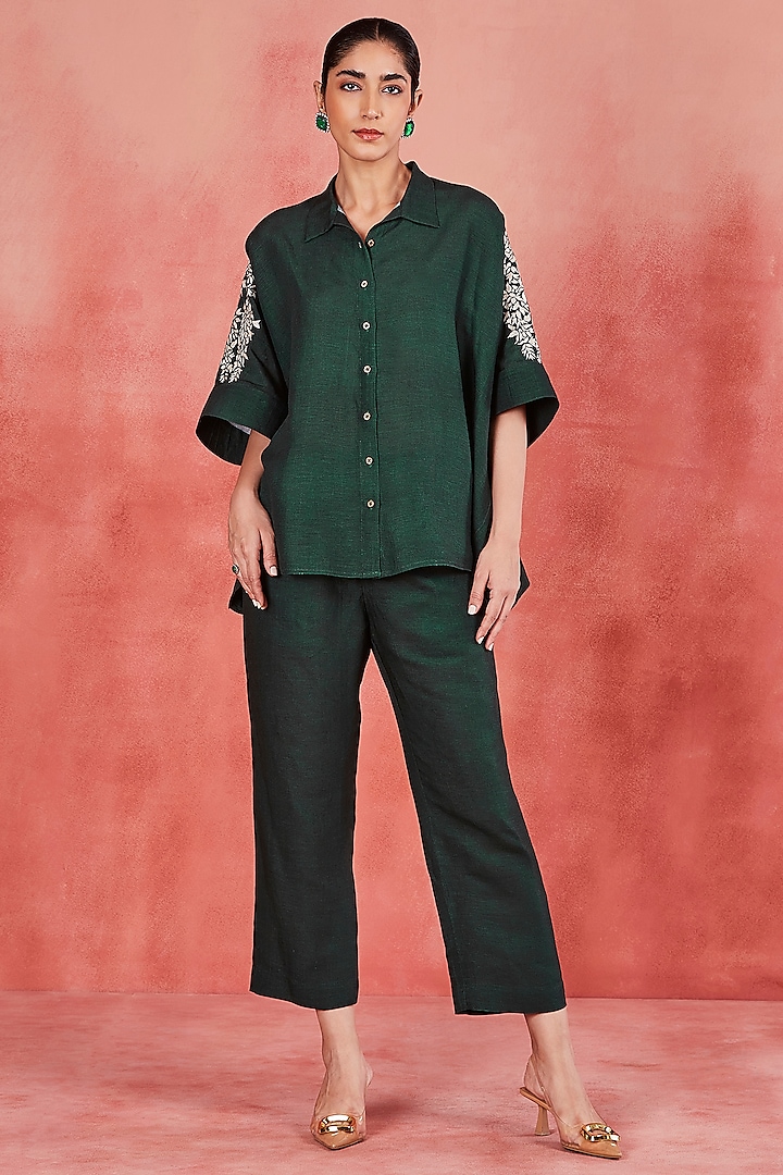 Bottle Green Pure Linen Silk Thread Embroidered Co-Ord Set by Sue Mue at Pernia's Pop Up Shop